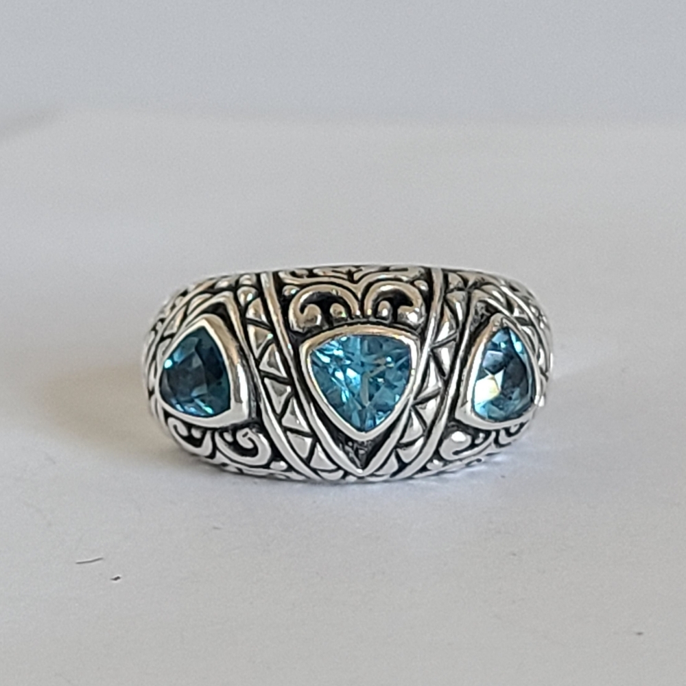 Vintage Boho Radiant Blue Aquamarine Sterling Silver Filigree Cocktail Ring